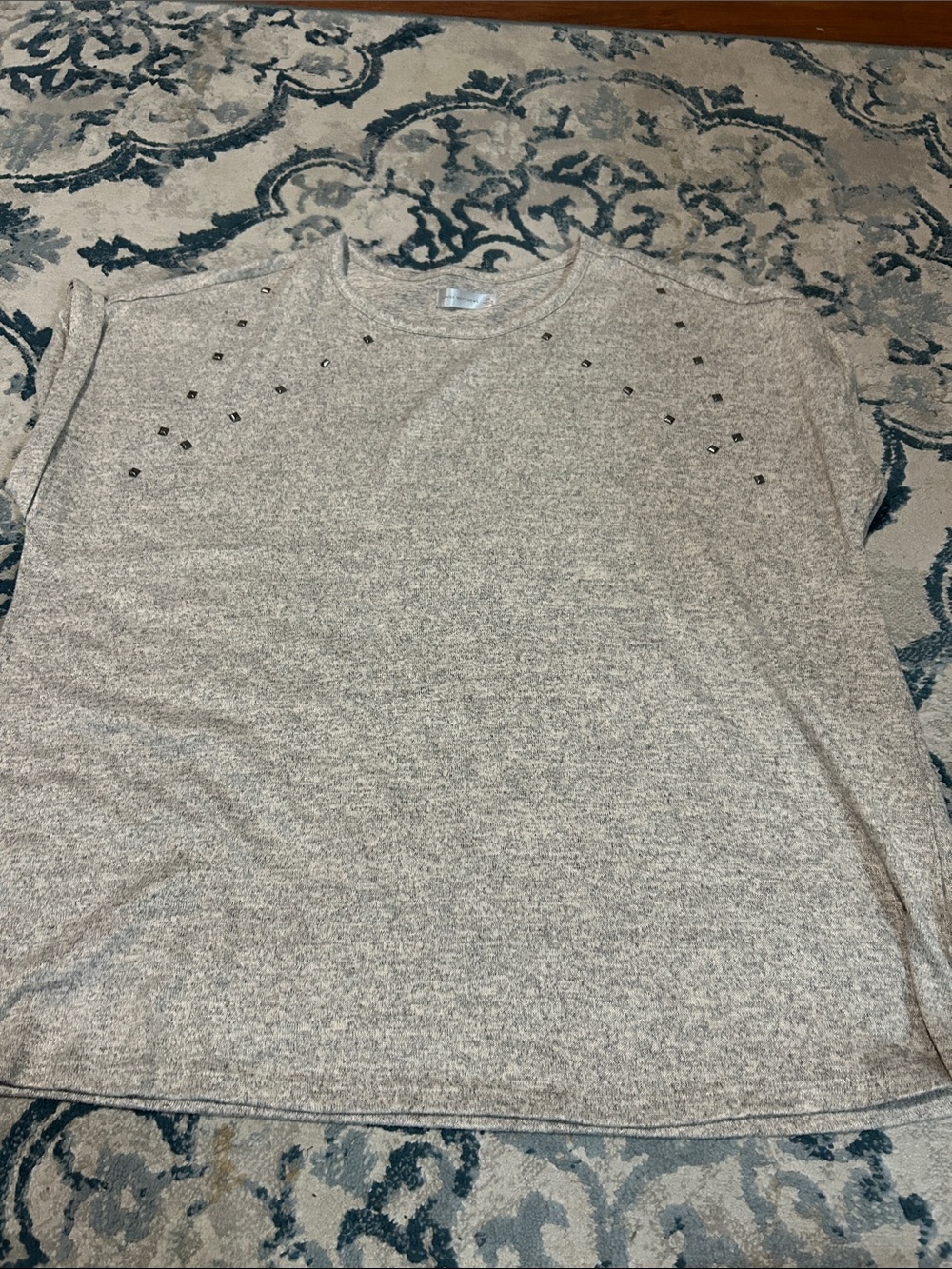 Relaxed Crewneck Stud-Trim Sweatshirt in Heathered Beige